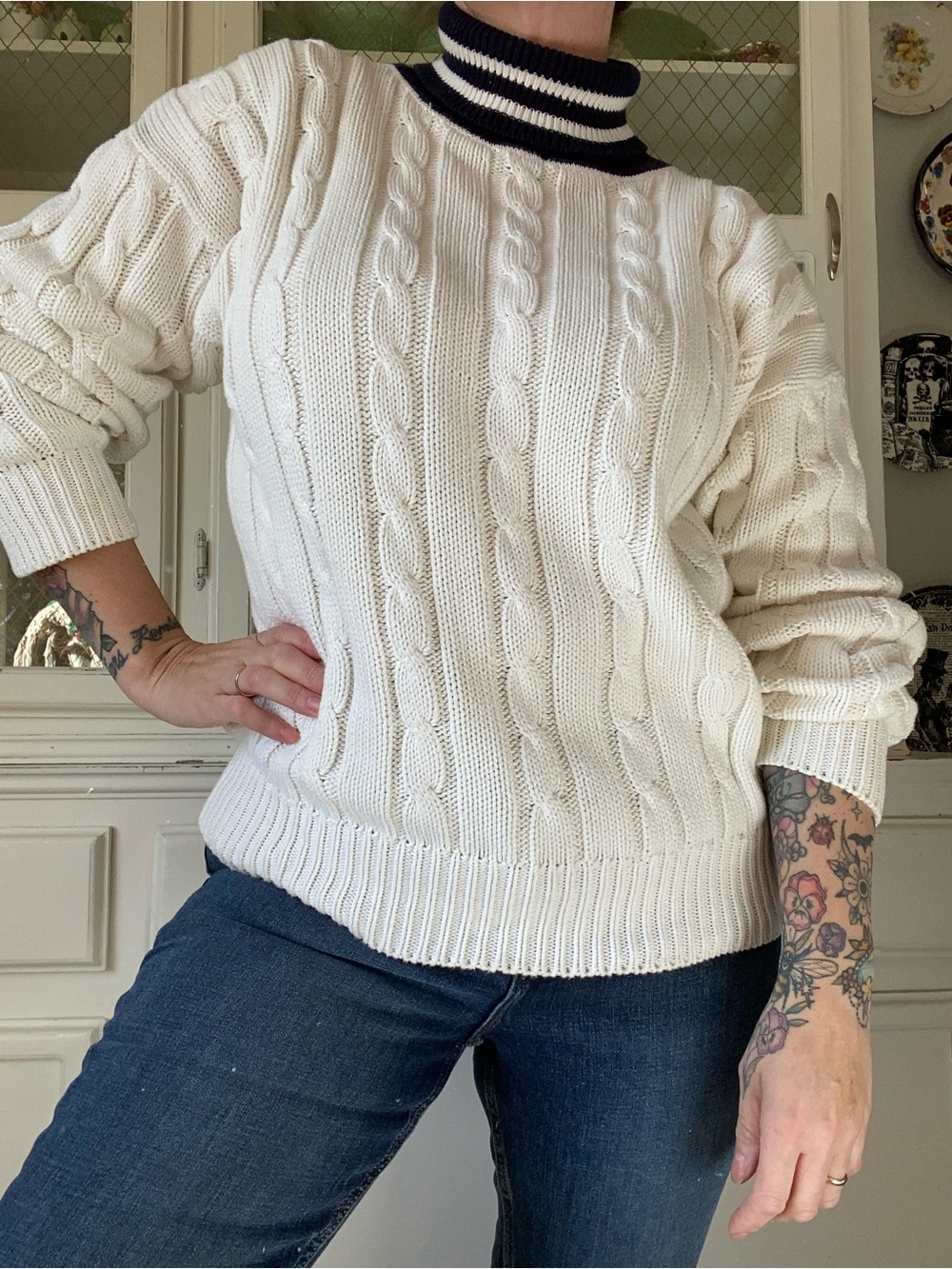 VTG 80s Club Monaco Classic Preppy Cotton Cable Knit Turtleneck Pullover Cozy